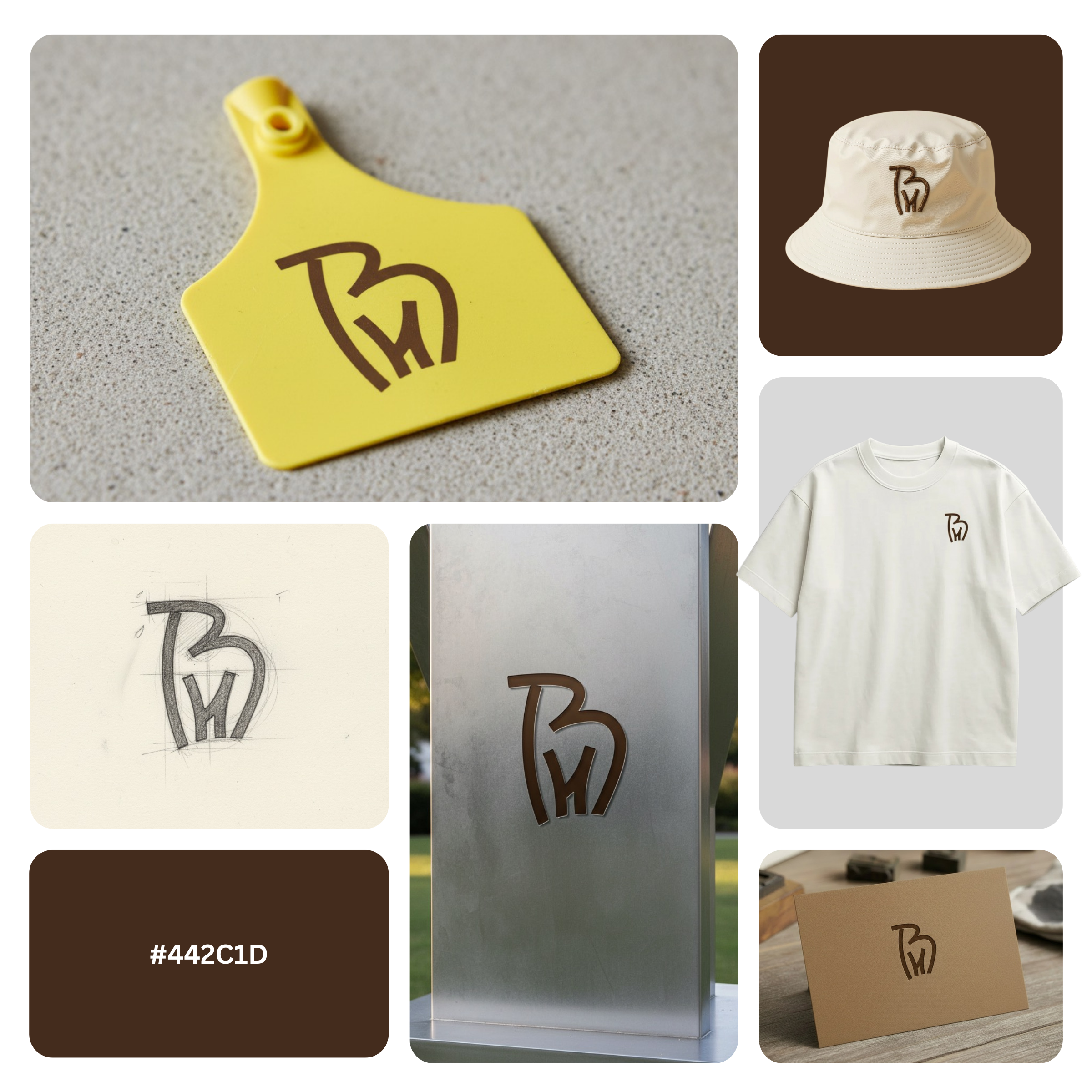BH Cattle Farm logo mockups on ear tag, hat, t-shirt, signage, business card, sketch and gate sign in cork brown