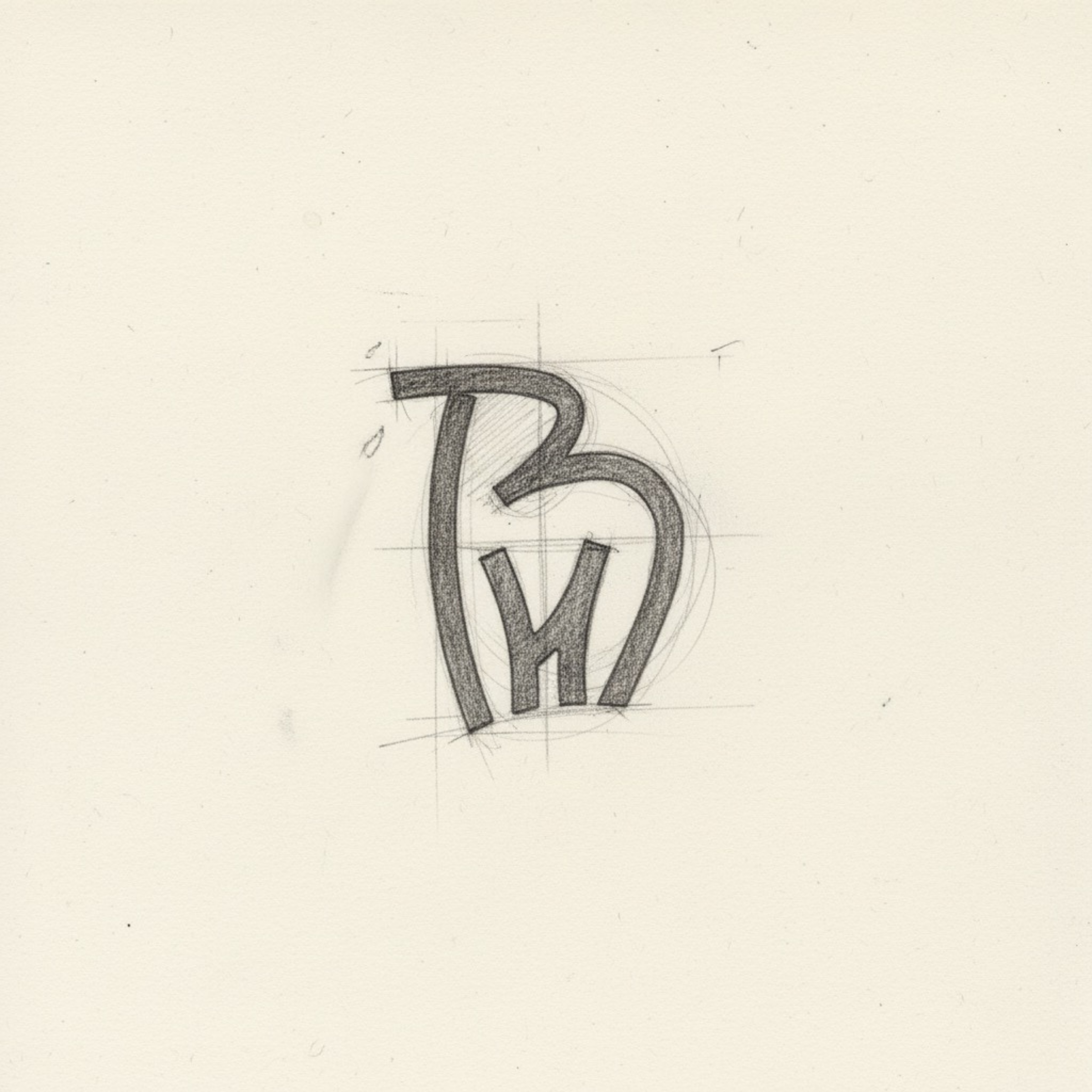 BH Cattle Farm logo sketch in mechanical pencil showing monogram construction lines and rough concept shading