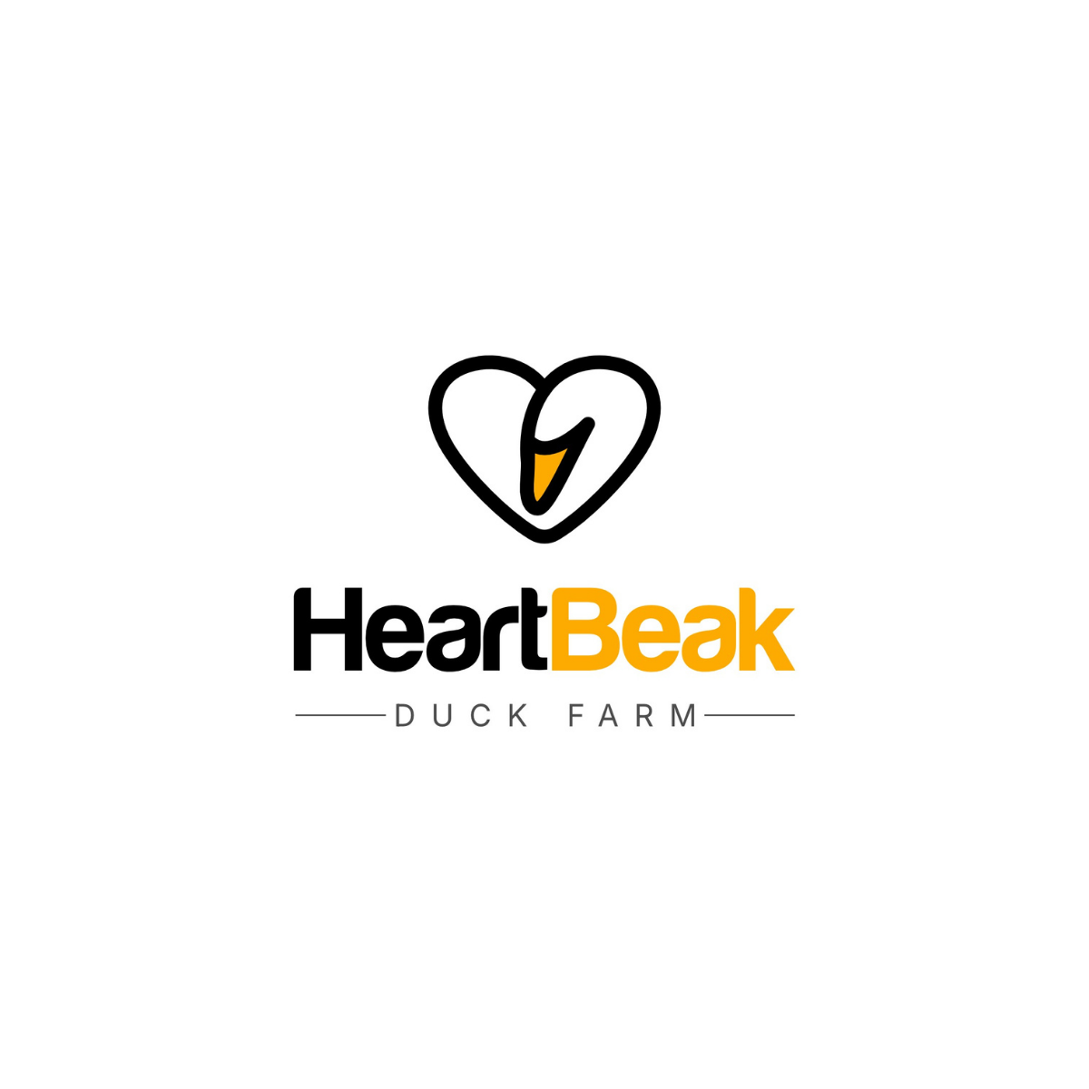 HeartBeak Duck Farm logo featuring a heart-shaped outline with stylized duck beak in vibrant orange and black text branding.