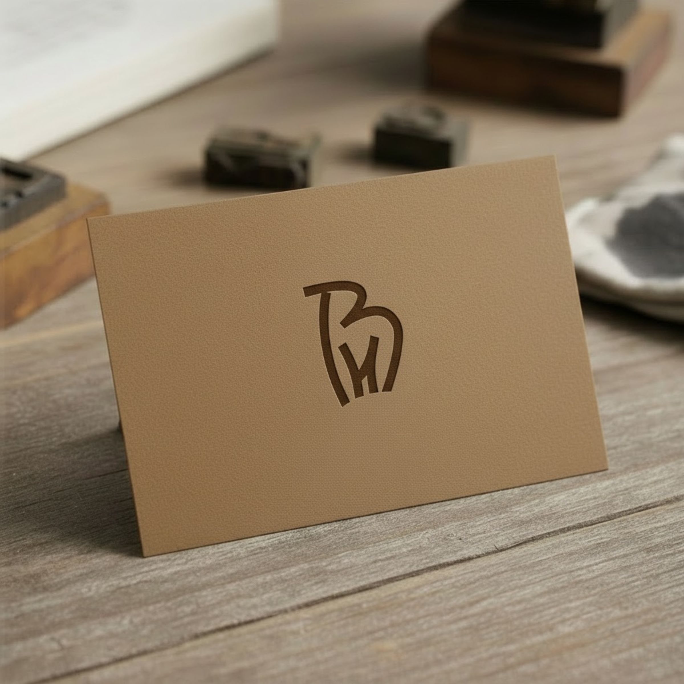 BH Cattle Farm logo on premium business card mockup with cork brown monogram for farm brand identity