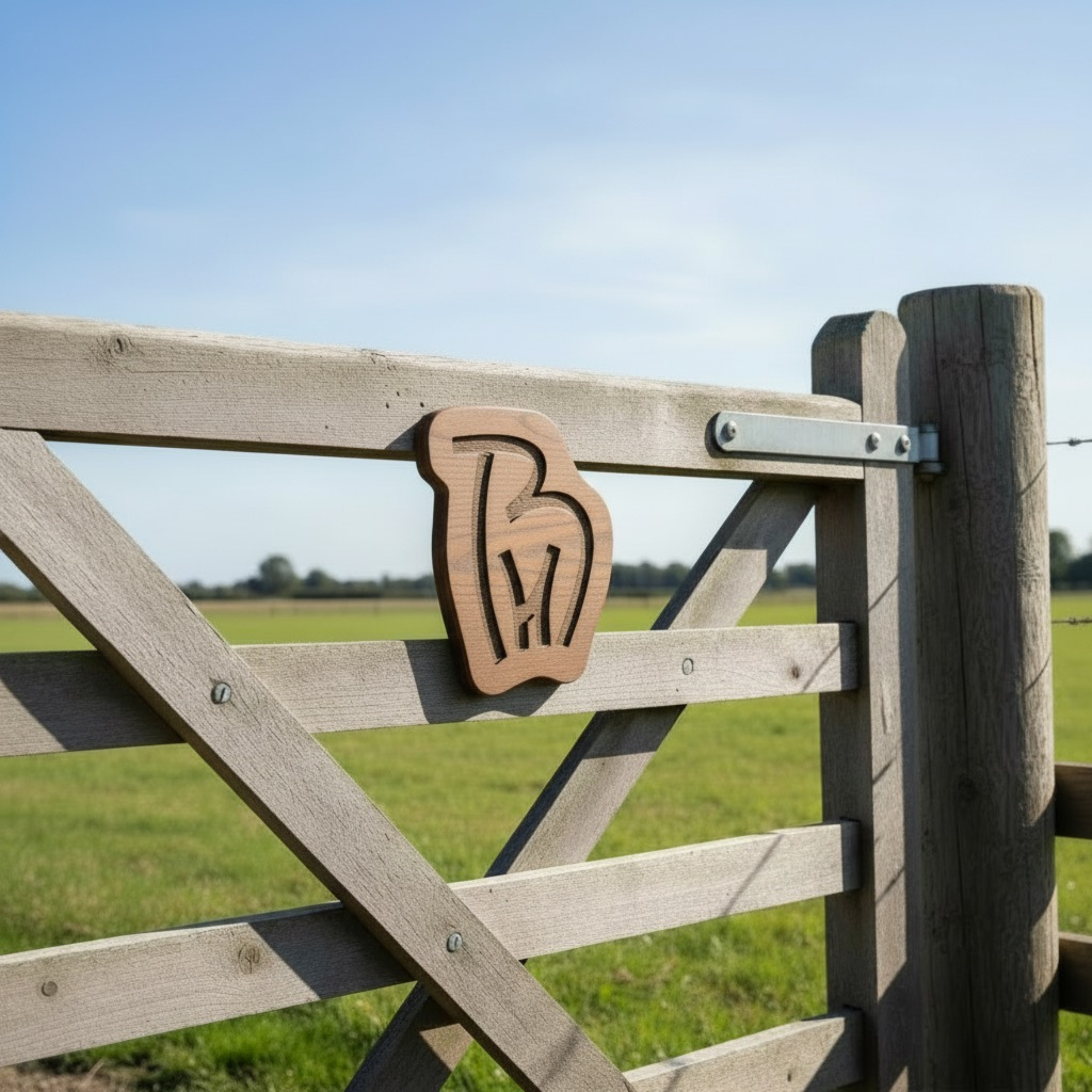 BH Cattle Farm logo mounted on wooden farm gate sign mockup in countryside setting for ranch branding
