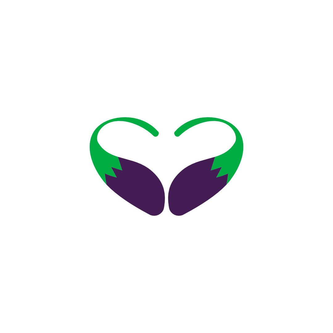 Vegan Club Logo Design with symmetrical eggplant heart icon in green and purple