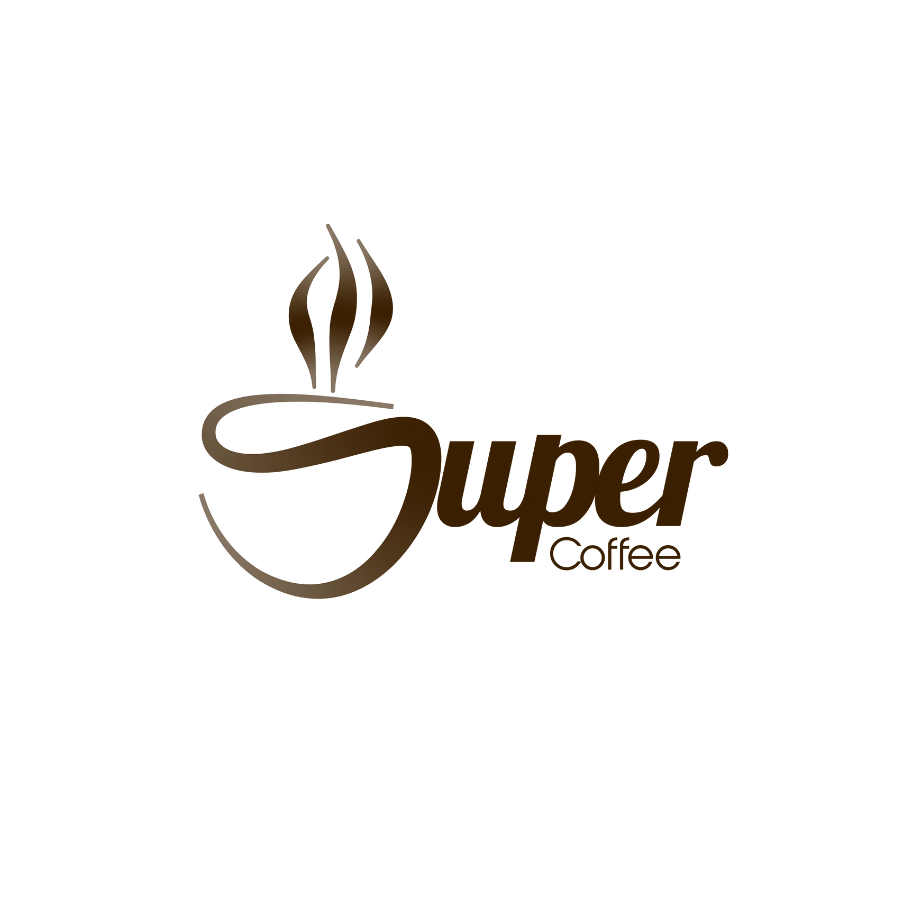 Hand-drawn coffee shop logo for Super Coffee — S-shaped cup brush mark with steam